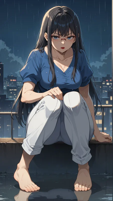 score_9,score_8_up,score_7_up,score_6_up, <lora:xl_more_art-full_v1:0.5>, source_anime, woman, dynamic pose, knees apart feet together, <lora:Touko Kanbayashi - Pony-000004:0.8>, glasses, long hair, black hair, dark blue eyes, blue shirt, short sleeves, white pants, red lipstick, tired eyes, tokyo, modern city, skyscrapers, reflection, raining, night city, wet hair, night time, solo,