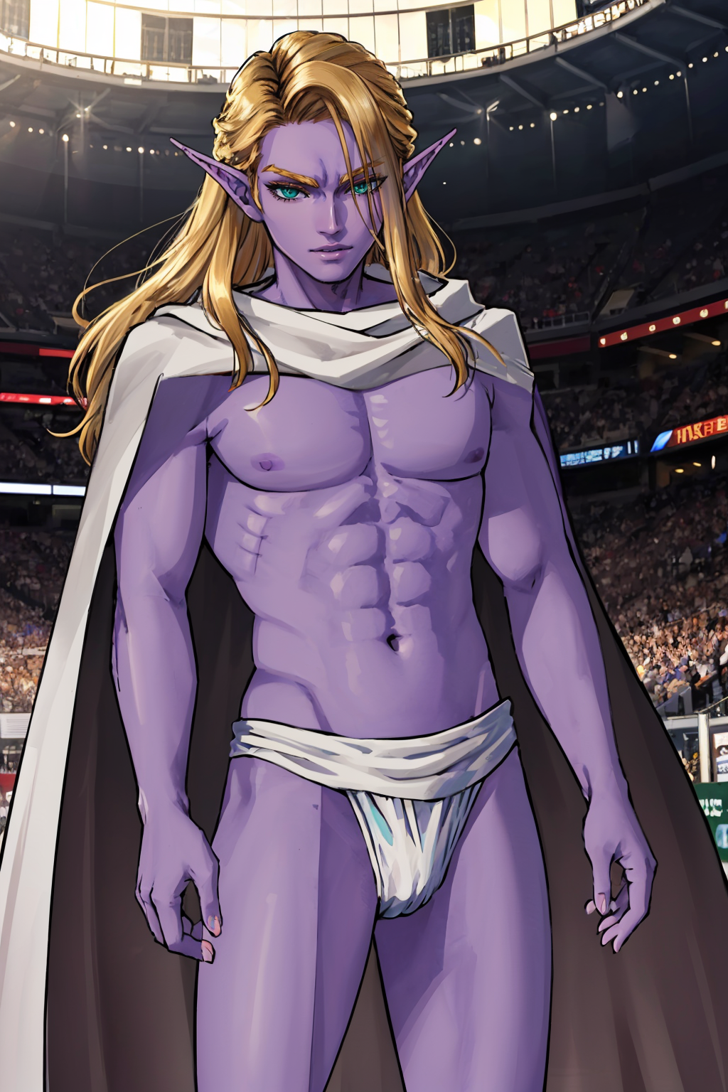 masterpiece, best quality, standing, looking at viewer, cowboy shot, coliseum
<lora:zs_Loki:1> lokismt, long hair, blonde hair, (purple skin:1.2), colored skin, pointy ears, cape, white loincloth, green eyes