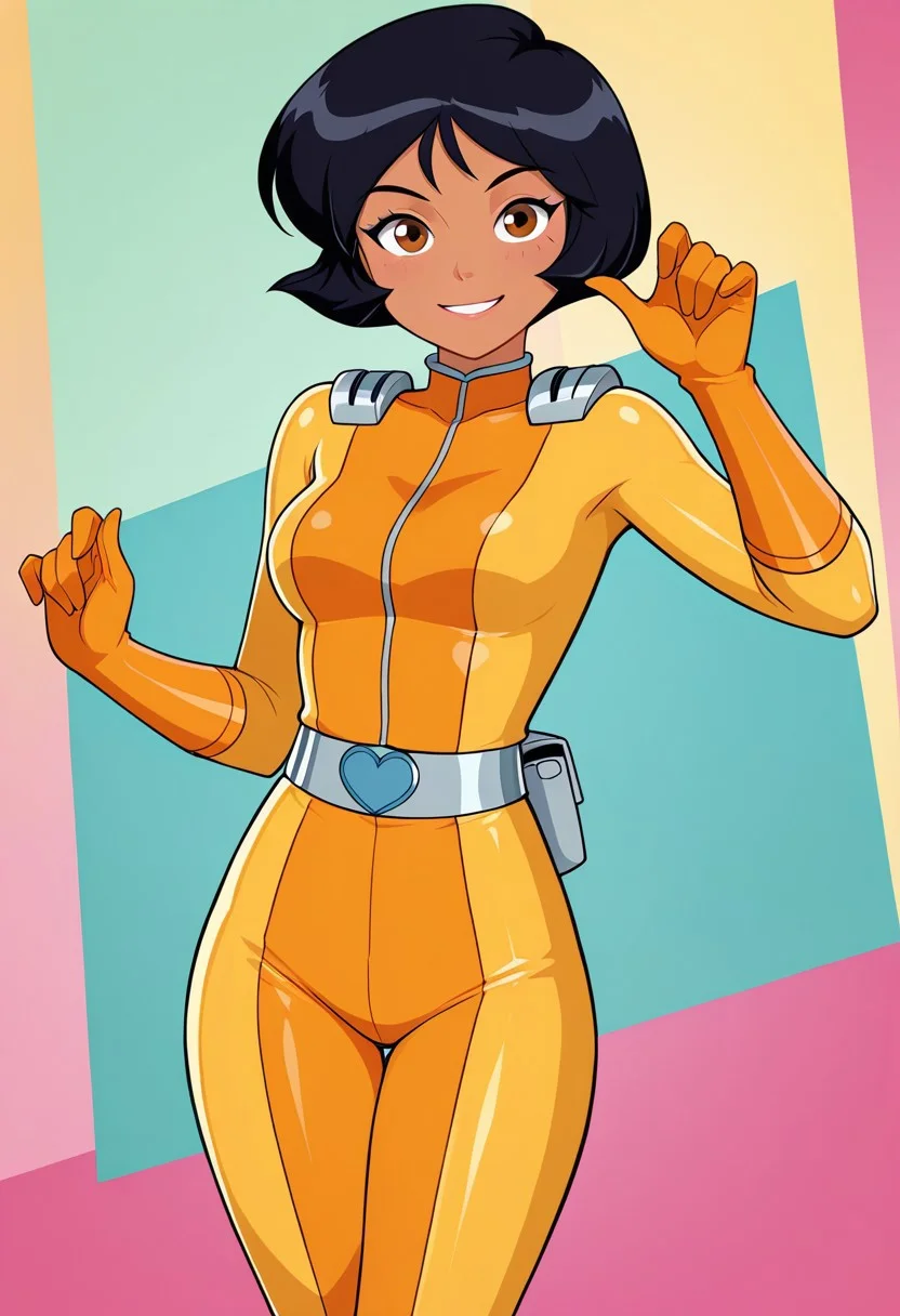 screencap, flat colors, official art, masterpiece, best quality, amazing quality, very aesthetic, high resolution, ultra-detailed, absurdres, newest,
alex_totally_spies, short hair, black hair, brown eyes, dark-skinned female, 1girl, solo, yellow bodysuit, sexy, beautiful, detailed, high detailed, very beautiful, detailed face, detailed eyes, detailed hand, abstract background, smile, posing, pose, looking at viewer, face focus