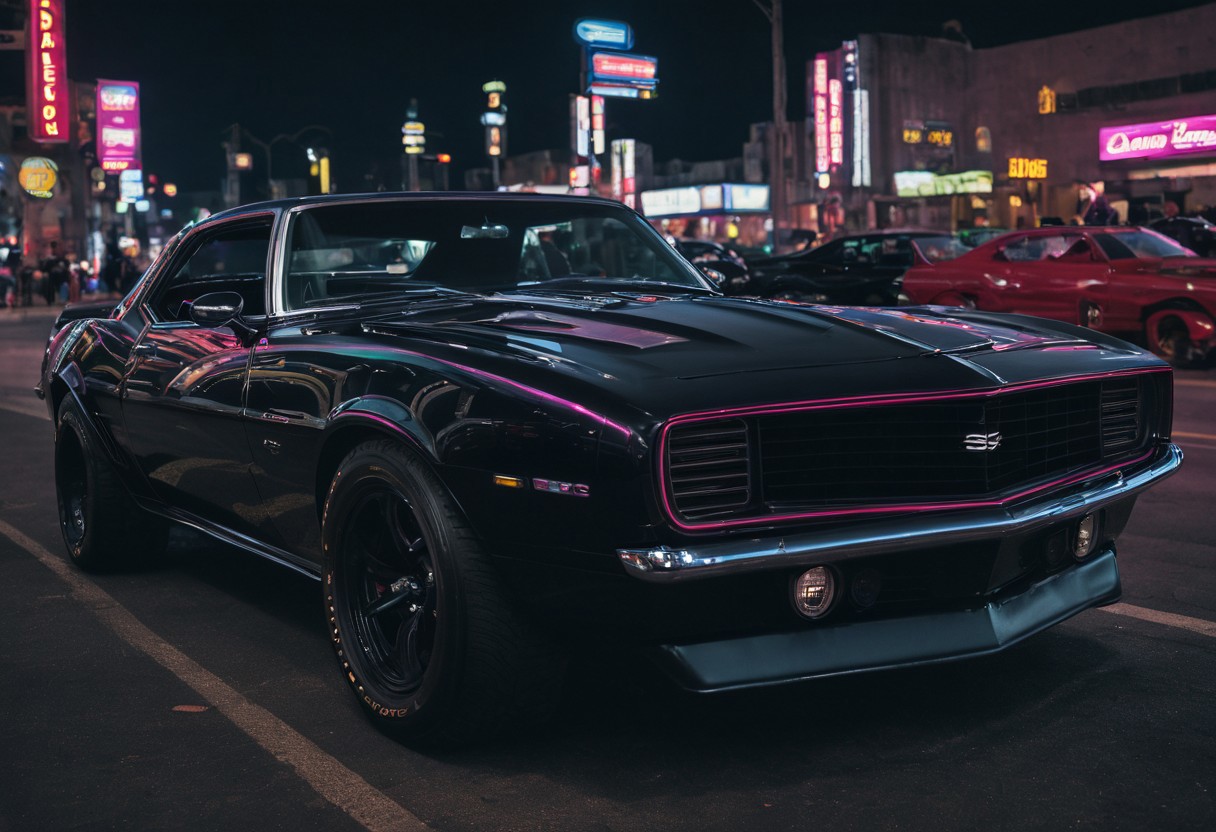black camaro, cyberpunk city, night time, neon lights