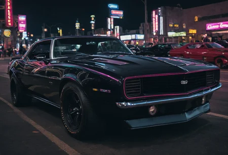black camaro, cyberpunk city, night time, neon lights