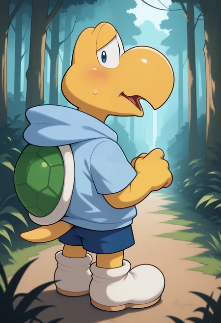 masterpiece,best quality, amazing quality, 1boy, solo, k00ps, koopa troopa, nervous, blue hoodie, blue short, white shoes, forest,