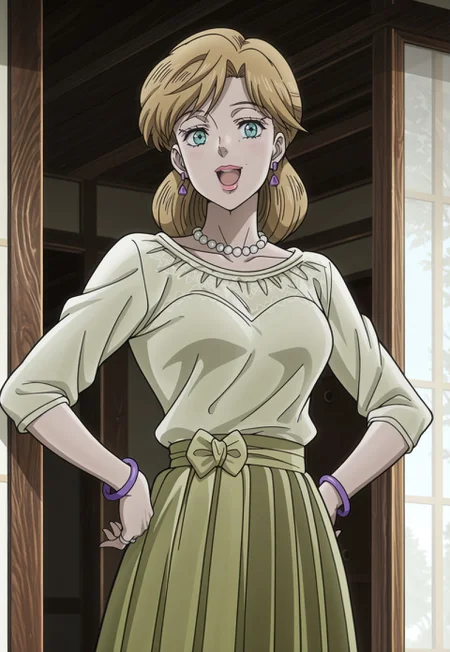 (masterpiece, amazing quality, best quality, anime coloring, detailed),very aesthetic, illustration, perfect composition, intricate details, absurdres, incredibly absurdres, (((1girl,solo,HolyKujo, Blonde Hair, Teal Eyes, Pink Lipstick, Light Green Blouse, Purple Bracelets, Purple Earrings, Pearl Necklace, Silver Wedding Ring, Lime Green Long Skirt))),cowboy shot, standing, hands on hips, looking at viewer, open mouth, happy, indoors, japanese house, doorframe, sky, trees
