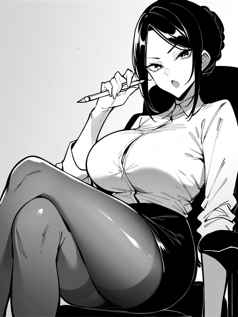 score_9, score_8_up, score_7_up,  
1girl, monochrome, senpai fn, black hair, hair bun, parted bangs,
large breasts,
white background, sitting, office chair, open mouth, looking at viewer,

white shirt, black skirt, pencil skirt, crossed legs, pantyhose,
