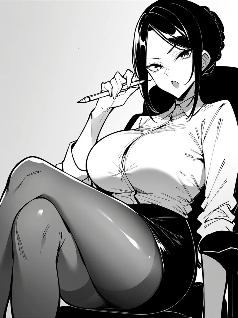 score_9, score_8_up, score_7_up,
1girl, monochrome, senpai fn, black hair, hair bun, parted bangs,
large breasts,
white background, sitting, office chair, open mouth, looking at viewer,
white shirt, black skirt, pencil skirt, crossed legs, pantyhose,