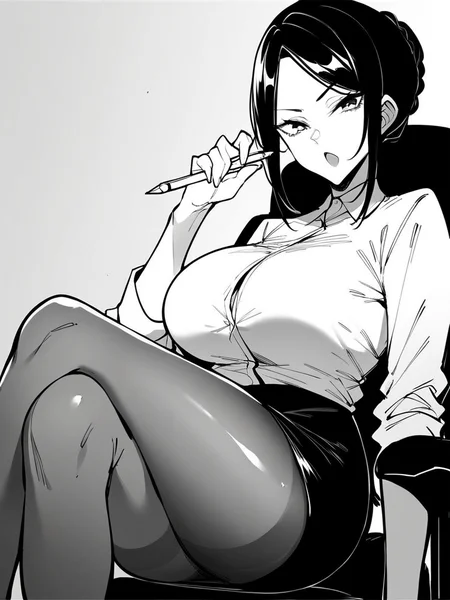 score_9, score_8_up, score_7_up,
1girl, monochrome, senpai fn, black hair, hair bun, parted bangs,
large breasts,
white background, sitting, office chair, open mouth, looking at viewer,
white shirt, black skirt, pencil skirt, crossed legs, pantyhose,