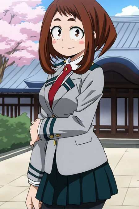 best quality, amazing quality, very aesthetic, absurdres,uraraka ochako,anime screencap, 1girl,solo, brown hair,brown eyes,short hair,smile,medium breasts,u.a. school uniform,white collared shirt,red necktie,epaulettes,grey jacket,green pleated skirt,black pantyhose,long sleeves, outdoors,east asian architecture,town, looking at viewer,pink tree,(from side:0.6),hand on own elbow,  <lora:OchakoIllus:1>