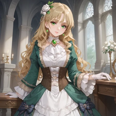 1girl,solo,
(score_9,score_8_up,score_7_up, source_anime,rating_all),
BREAK
<lora:Expressive_H:0.95>,expressiveh,
<lora:lom-andrey-hall-pony6-xl-flyingdeer-r1-000016:0.7>,AndreyHall,
blonde hair,long hair,wavy hair,
hair ornament,(hair flower, white rose),
green eyes,
necklace,jewelry,
(bow, white bow),
(gloves, white gloves),
green gemstone,
white ascot,
brooch,frills,lace trim,
(dress, green dress, white dress),
corset,
(long sleeves, wide sleeves),
castle,victorian,