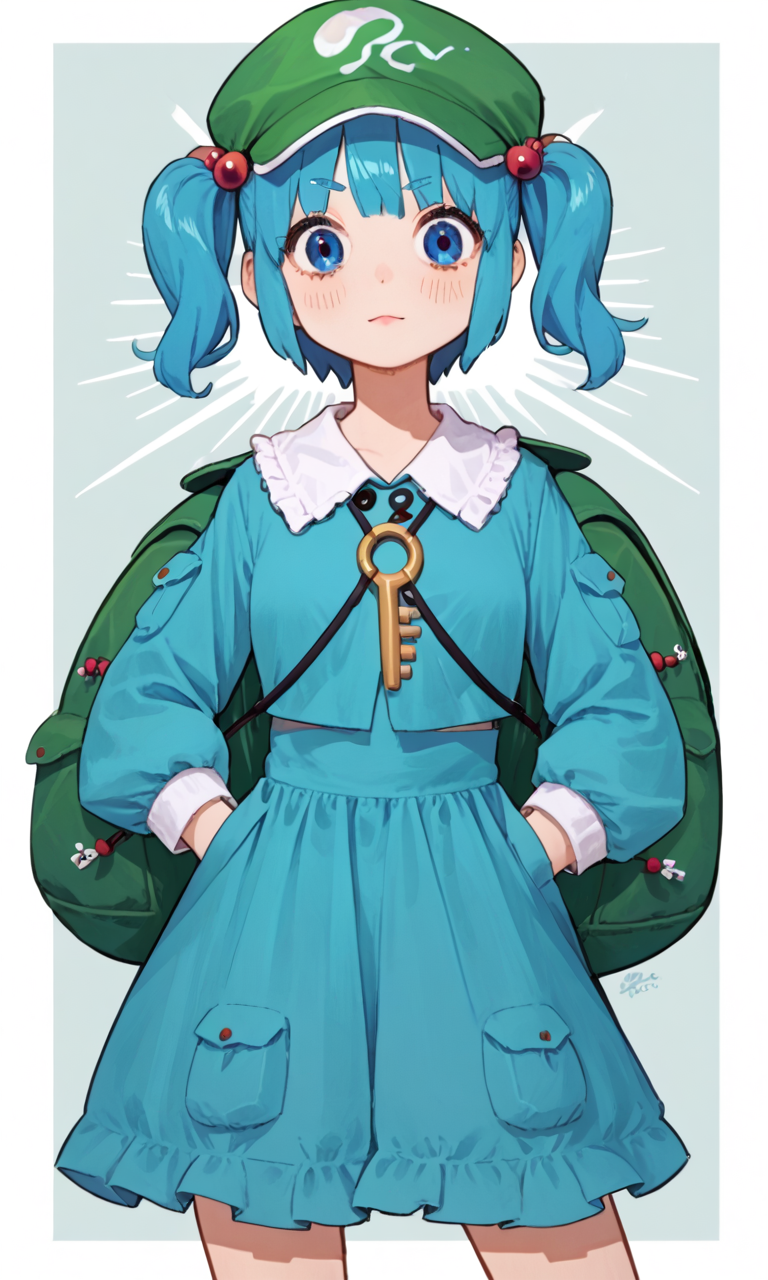 score_9, score_8_up, score_8, score_9, 1 girl,  source_anime,  <lora:nitori_pony-10:1>, kawashiro nitori,  backpack, green hat, blue dress, key, pockets, blue eyes, blue hair, short twintails, hair bobbles,  <lora:Eiken3kyuboy_Artist_Style_ponyXL-000018:0.8>