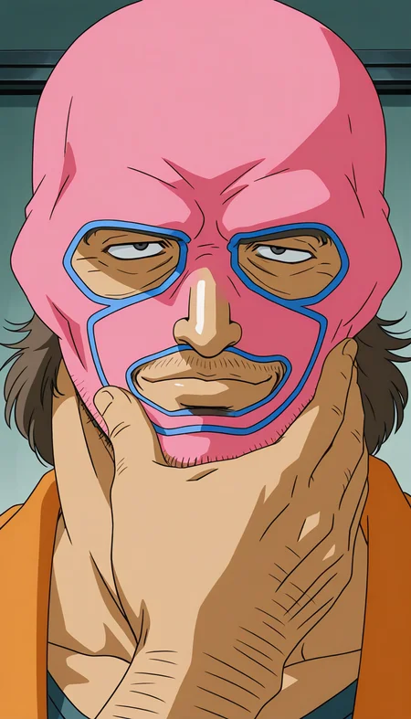 general,highres, ultra-detailed,very aesthetic,best quality ,best hands, BREAK <lora:Minami_Nadeshiko_OVA_IS:1> Itou_Kisaku_OVA, 1boy, solo, pink mask, male focus, short hair, black eyes, old man, facial hair, stubble,