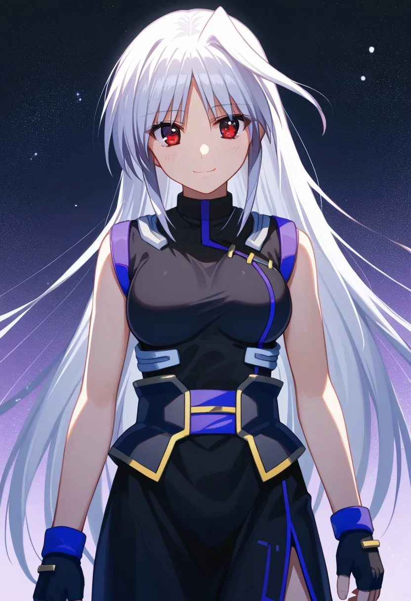 score_9, score_8_up, score_7_up, source_anime, 1girl, solo, Reinforce, long hair, white hair, single hair intake, red eye, long dress, black dress with purple trim, side slit, black gloves with purple trim, fingerless gloves, black corset with gold trim, sleeveless dress, bare shoulders, standing, smiling, endori face