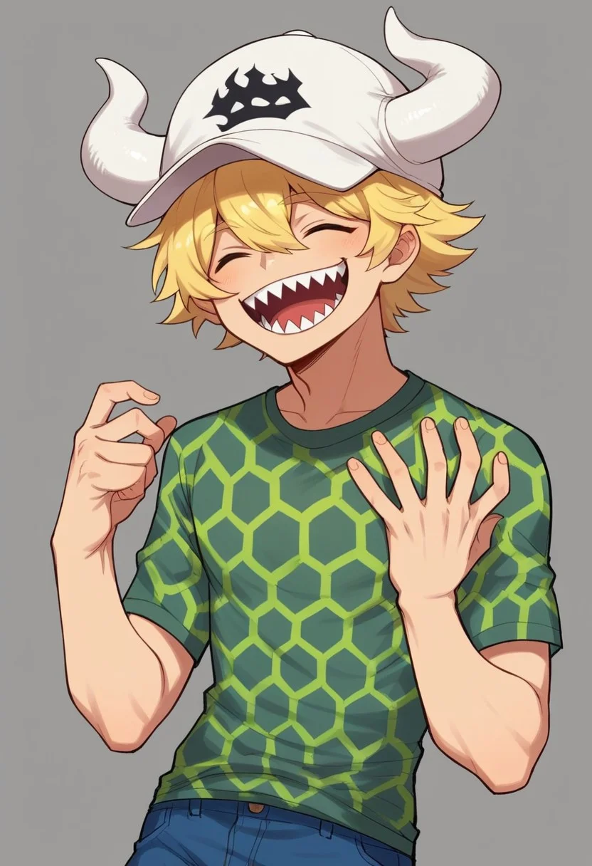 1boy, , Dellinger, blonde hair, wearing a green and gray hexagonal patterned shirt, blue shorts, He has large white horns on his head, white hat, a black fin on his back, sharp teeth, smiling laughing,
Vivid colors, simple background, (cowboy shot),
score_9, score_8_up, score_7_up, masterpiece,