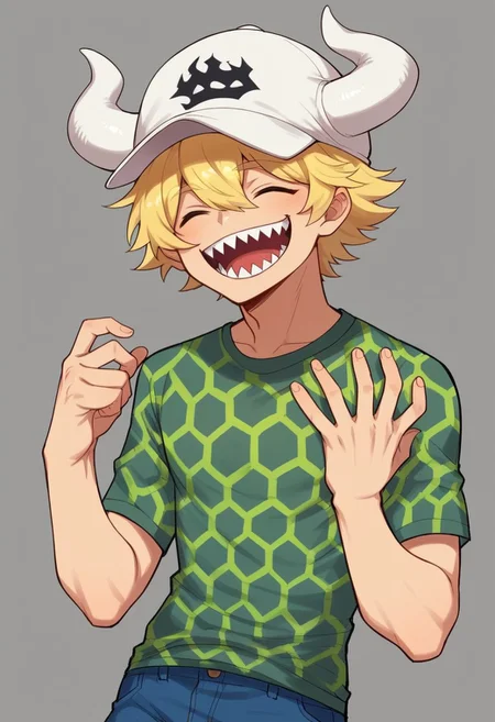 1boy, , Dellinger, blonde hair, wearing a green and gray hexagonal patterned shirt, blue shorts, He has large white horns on his head, white hat, a black fin on his back, sharp teeth, smiling laughing,
Vivid colors, simple background, (cowboy shot),
score_9, score_8_up, score_7_up, masterpiece,