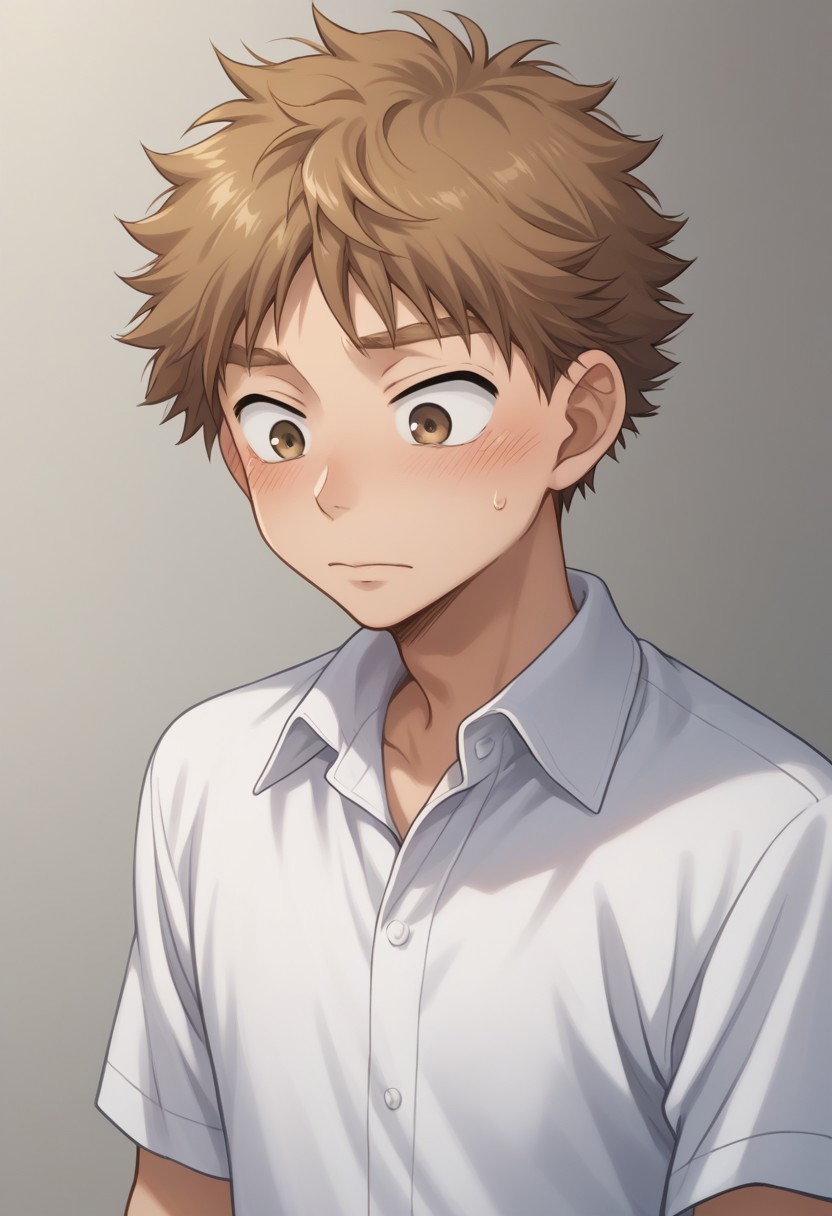 score_9, score_8_up, score_7_up, source_anime, highly detailed, 
mihashi, 1boy, male focus, brown eyes, shirt, brown hair solo, white shirt, collared shirt, sweatdrop, upper body, looking down, blush, short hair,