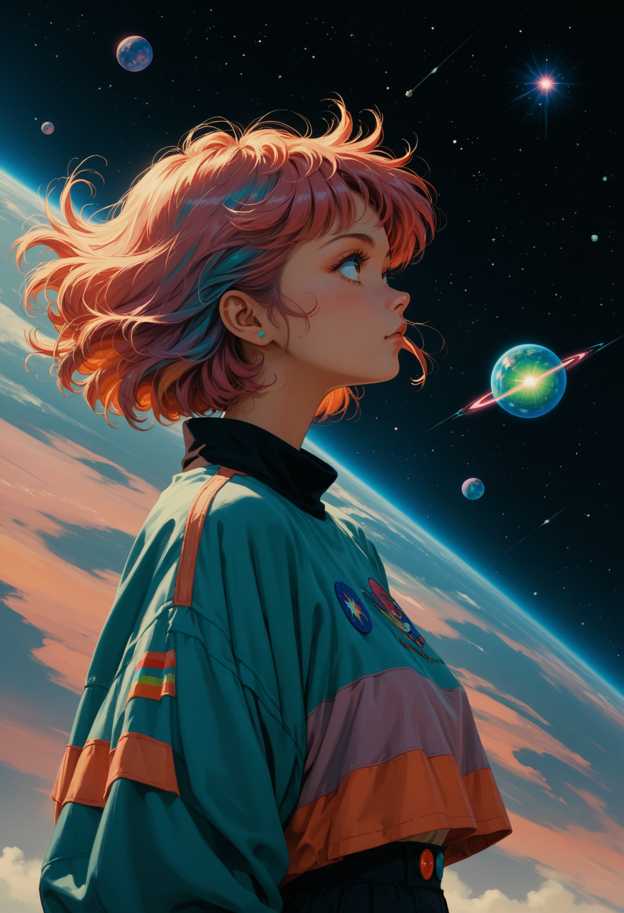 score_9, score_8_up, score_7_up, score_6_up, score_5_up, modernretroanime, anime, 1girl, solo, Colorful , space