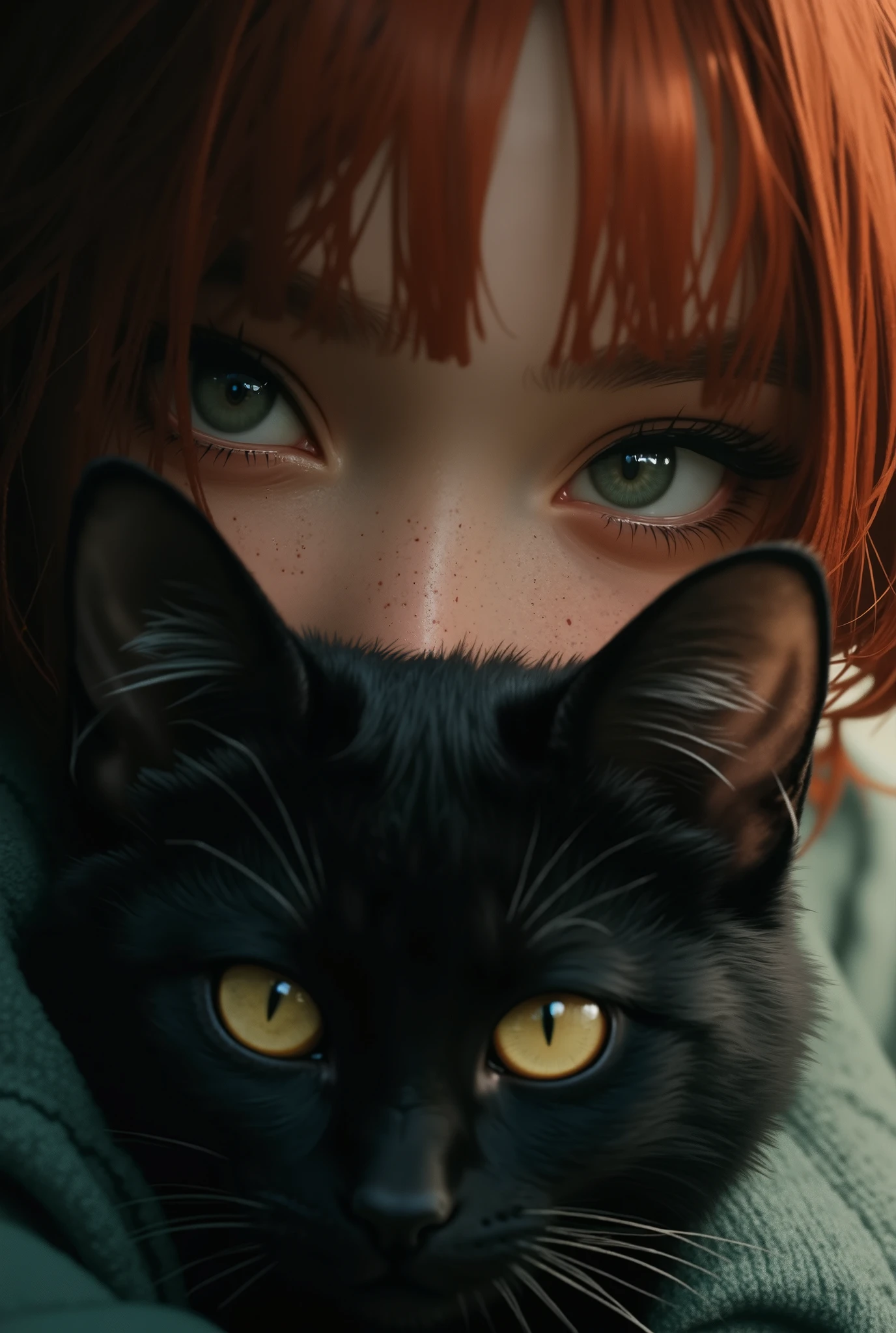 Niji_anime, masterpiece, best quality, ultra-detailed, highly detailed, semi-realistic anime, anime aesthetic, cinematic lighting, soft painterly effect, ethereal atmosphere, surreal beauty, hyper-detailed shading, deep shadows, 8K resolution, moody lighting.

An 18-year-old girl with delicate freckles, her light green eyes peering through the dark fur of a black cat, which partly obscures her face. The cat’s large, golden eyes stare directly outward, creating a striking contrast against the girl’s pale complexion and fiery red hair. The soft, diffused lighting merges their features seamlessly, giving the image an almost dreamlike, surreal quality.

The deep shadows and gentle highlights add depth, emphasizing the mystical connection between the girl and the cat. The dark fur of the cat contrasts beautifully with her fair skin and vibrant hair, enhancing the painterly, almost hypnotic atmosphere. The composition evokes a calm yet mysterious mood, as if the two beings are intertwined in a secret, unseen bond.

The background is softly blurred, keeping the focus on the girl and the cat, intensifying the sense of intimacy and mystery. The overall tone is elegant, surreal, and emotionally captivating, resembling a high-end art illustration with anime influences.