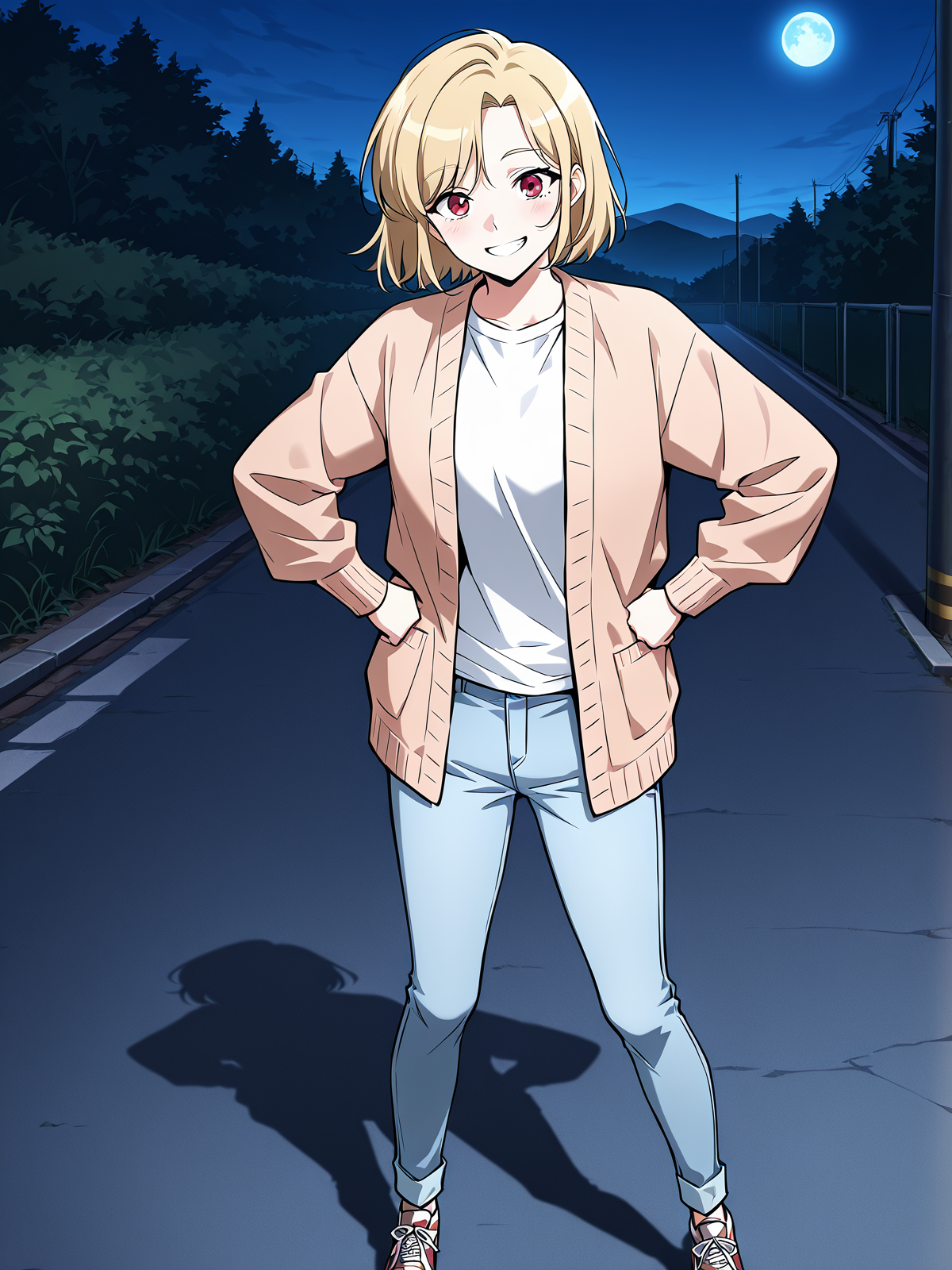 <lora:Omniscient_Readers_Viewpoint__Shin_Yoosung:1>
1girl, solo, short hair, blonde hair, soft expression, light skin, red eyes, 
light brown cardigan, white t-shirt, light blue jeans, casual sneakers, casual outfit, long sleeves, rolled cuffs,
score_9, score_8_up, score_7_up, very aesthetic, source_anime, detailed, high quality, beautiful, masterpiece, very aesthetic, high definition, amazing quality, highres, absurdres, outdoors, looking at viewer, smile, grin, hands on hips, night, blue moon