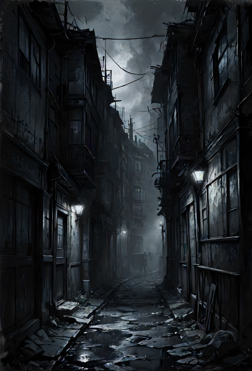 in a black end rue, there was a light quite dim,  <lora:SDXL - Style - Desolation:0.4> <lora:SDXL - Style - Dark_Anime:0.4>