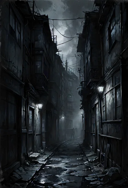 in a black end rue, there was a light quite dim,  <lora:SDXL - Style - Desolation:0.4> <lora:SDXL - Style - Dark_Anime:0.4>