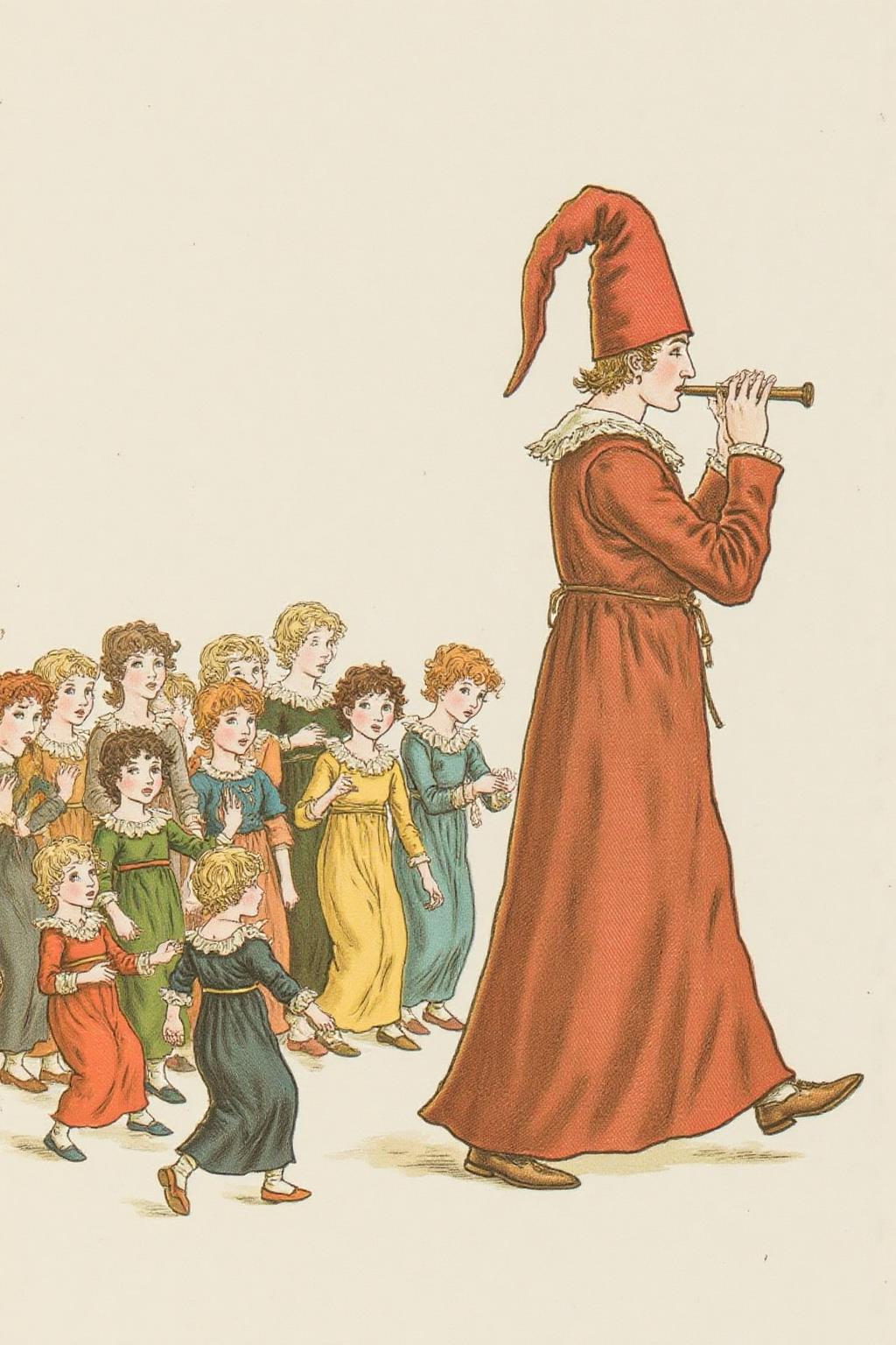 kategreenaway1 illustration. 
On the right is a tall man wearing a long brown robe and a tall pointed hat, playing a musical pipe. He is walking toward the right. On the left is a group of children dressed in colorful, medieval-style clothing, walking behind the man, and the children appear to be captivated by his performance. The background is plain. <lora:kategreenaway1_f16e6:1.0><lora:870391756137458359:0>