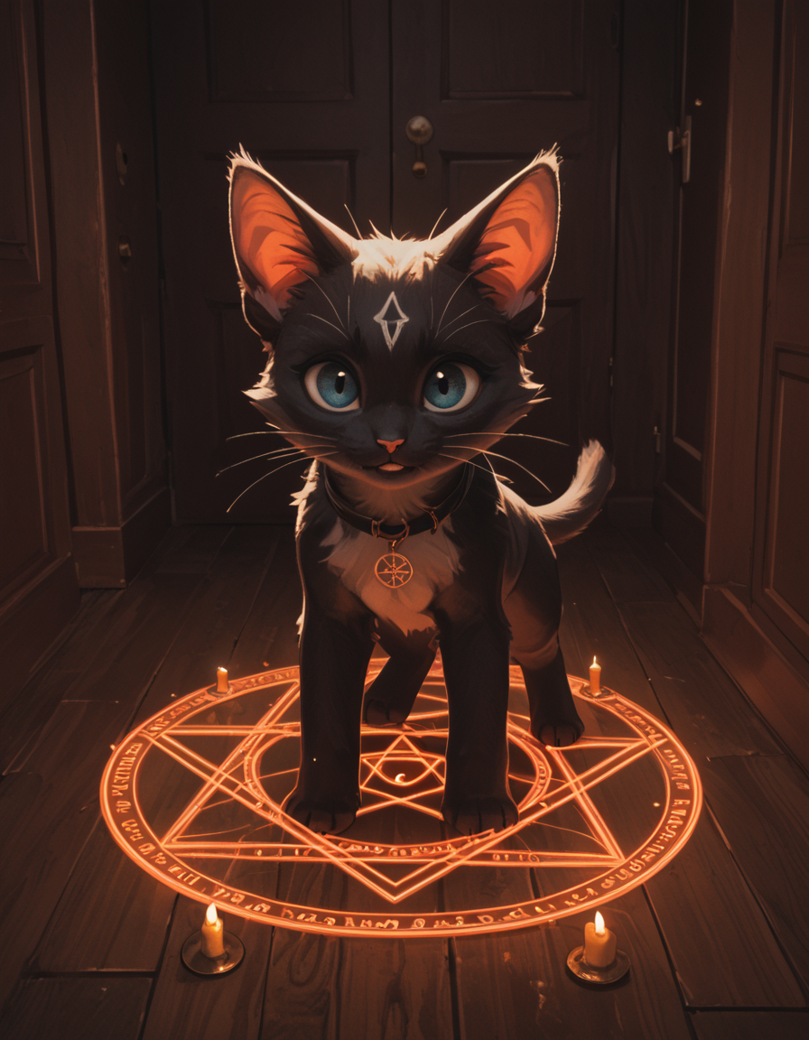 score_9, score_8_up, score_7_up, score_6_up, A cute black kitten standing in a summoning circle,  summon, magic circle <lora:Summoned_r1:1>