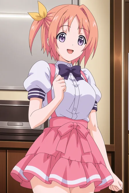 anime screencap, anime coloring, detailed face, perfect fingers, masterpiece, best quality, very aesthetic, absurdres, uncensored,
inside,
 <lora:Rei_Suzukawa_Otona_Mitsuki_Kururu_Hiiragi_Sayaka_Midou_Mankitsu_Happening:1>
Kururu white and pink dress with purple bow outfit, Kururu Hiiragi (character), 1girl, solo, short hair, bow, waitress, purple eyes, skirt, orange hair, side ponytail, open mouth, smile, cowboy shot
