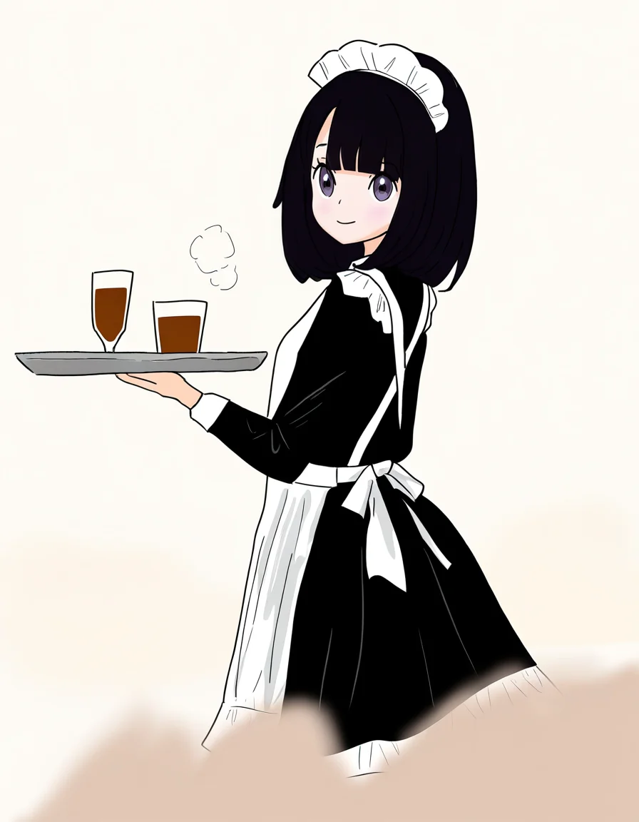 <lora:lijing_noob:1>,skin2,lijing,1girl,solo,maid,maid headdress,black hair,white background,smile,medium hair,apron,tray,selene \(pokemon\),cup,holding,looking at viewer,dress,holding tray,simple background,bangs,alternate costume,
masterpiece,best quality,very aesthetic,absurdres,