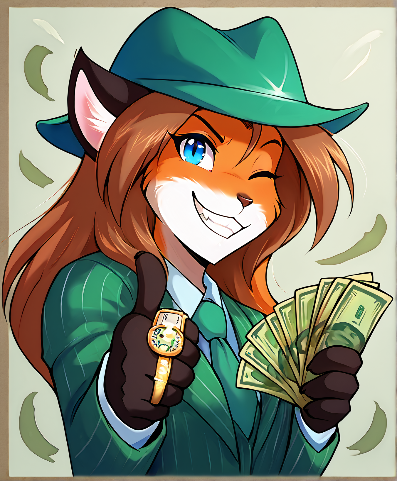 score_9, score_8_up, score_7_up, score_6_up, score_5_up, score_4_up, rating_safe, source_furry, detailed background,    1girl,  female anthro fox, 
BREAK
female, furry, anthro,(fox:1.1),  looking at viewer,  brown hair,   small breasts, ears through headwear, fox ears,   blue eyes,  <lora:Laura-Twokinds-SDXL-AnonTK-V1:0.9> , laura-twokinds, thumbs up, one eye closed, grin, smile, money, holding money, portrait, cropped torso
BREAK
ring, formal, hat, green headwear, necktie, green suit, striped,  <lora:gangstersb-guy-PONYv1:0.9> gangstersb <lora:PDXL_artist_tags_v2:1.0>  (by tom fischbach:1.1),