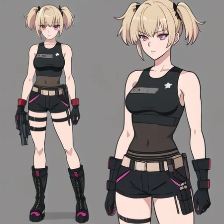 anime, girl, spike short blonde hair, short twin tail, pink eyes, black short tank top, green short shorts, boots, gloves, up body gun holster, small boobs, soldier, black bram chara-sheet