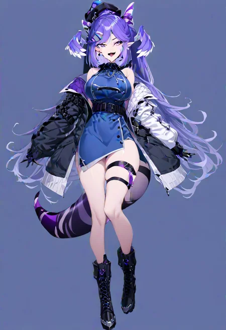 masterpiece, best quality, ultra-detailed, beautiful, nai3, 1girl, solo, full_body, tachi-e,
selen tatsuki, boots, dress, tail, dragon tail, hat, blue dress, official alternate costume, dragon girl, sleeveless, ponytail, belt, smile, gloves, long hair, breasts, open mouth, very long hair, thigh strap, simple background, hair ornament, jacket, bangs, hairclip, fang, wings, black footwear, looking at viewer, black belt, pointy ears,