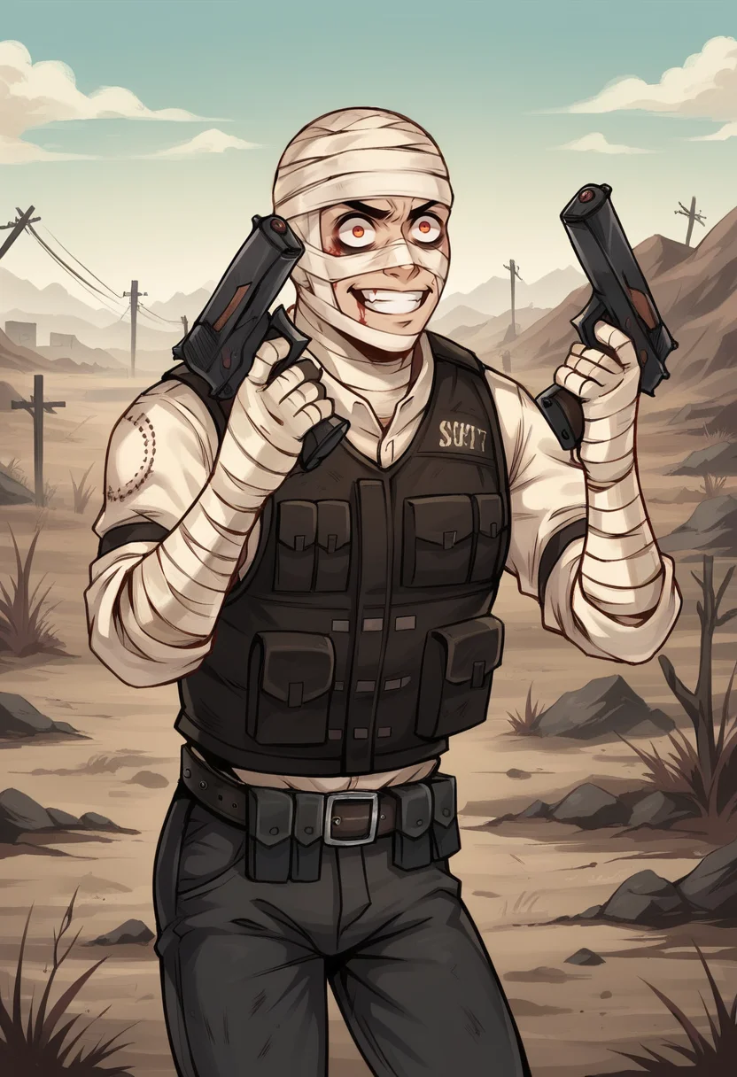 score_9, score_8_up, score_7_up, 1boy, solo,
ss-J0shGrm, bandages, bandage headwrap, bandaged hands, burned face, bulletproof vest, white shirt, pants, belt, skinny, slim,
wasteland, outdoors,
<lora:Joshua_Graham_OutfitCharacter_-_Fallout_New_Vegas:0.8>, <lora:DanielRadcliffeHoldingTwoGunsMeme_pdxl_Incrs_v1:1> handgun, holding gun, holding weapon, dual wielding, finger on trigger, smile, grin, crazy eyes,