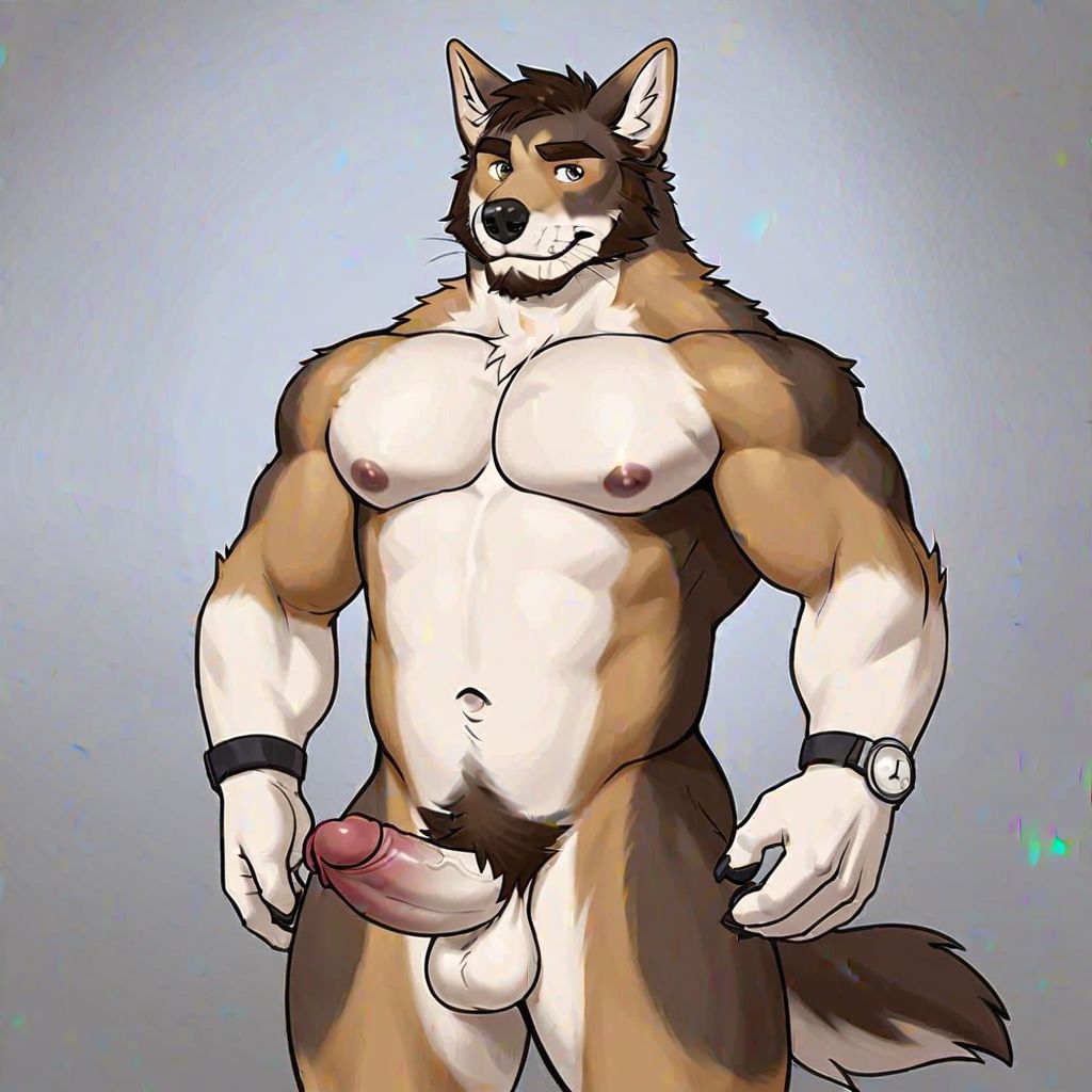 1boy, male focus, bara, hazzle eyes, uncensored, furry, penis, solo, furry male, nude, muscular male, watch, testicles, muscular, completely nude, pectorals, wristwatch, tail, animal ears, stomach, thick eyebrows, navel, cowboy shot, thighs, large pectorals, dog boy, mature male, brown fur, thick thighs, short hair, facial hair, whiskers, dog ears, male pubic hair, white fur, body fur, dog boy, dog tail, detailed background