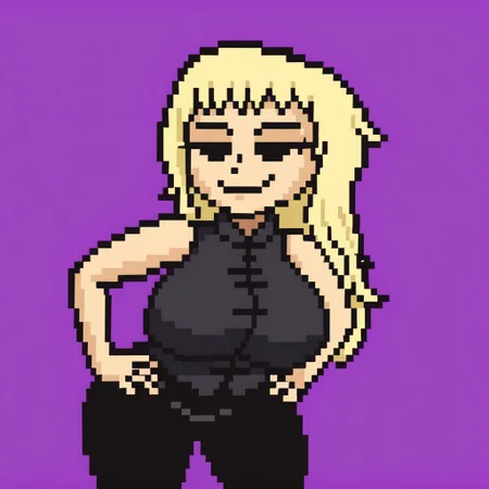 <lora:lisathepointless-v5.4_:1> by lisathepointless, solo, purple background, simple background, 1girl, huge breasts, dire, direpony, long hair, blonde hair, black eyes, wide hips, smug expression, hands on hips,black vest,black pants