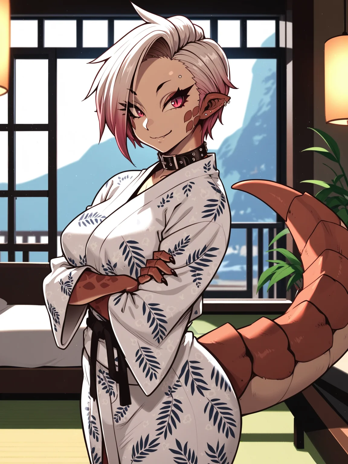 <lora:happy_tentacle-riza-v0.1-000036:1>, ht_riza, tail, ear piercing, earrings, belt collar, yukata, indoors , 1girl, solo, cowboy shot, thighs , , ( seductive smile :1), , looking at viewer , standing , facing viewer , score_9, score_8_up, score_7_up, score_6_up, score_5_up, score_4_up