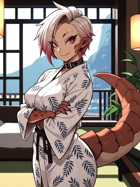 <lora:happy_tentacle-riza-v0.1-000036:1>, ht_riza, tail, ear piercing, earrings, belt collar, yukata, indoors , 1girl, solo, cowboy shot, thighs , , ( seductive smile :1), , looking at viewer , standing , facing viewer , score_9, score_8_up, score_7_up, score_6_up, score_5_up, score_4_up