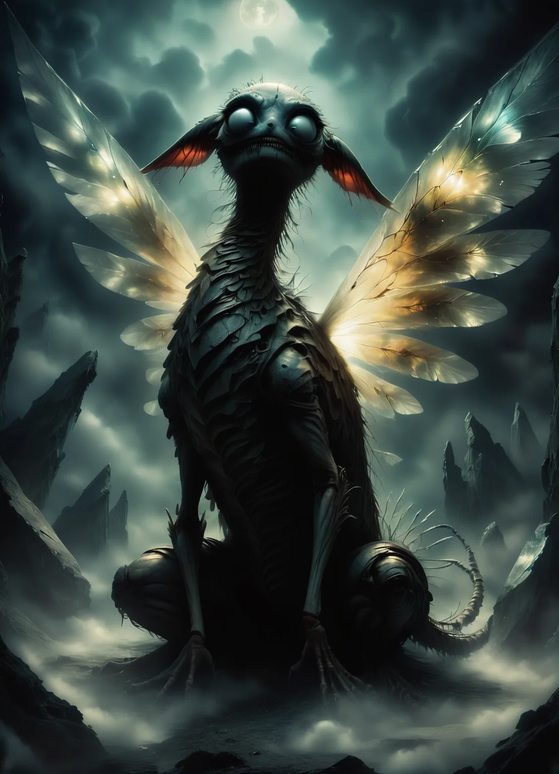 DonMGl00myN1gh7m4r3XL,score_9, score_8_up, score_7_up, score_6_up, huge elongated woven otherworldly symmetrical individual, multipedal bimanual, padded appendages, forked-tailed, feathers, floppy ears, crystal wings, , , creepy, gloomy, rating_safe <lora:DonMGl00myN1gh7m4r3XL:0.65>