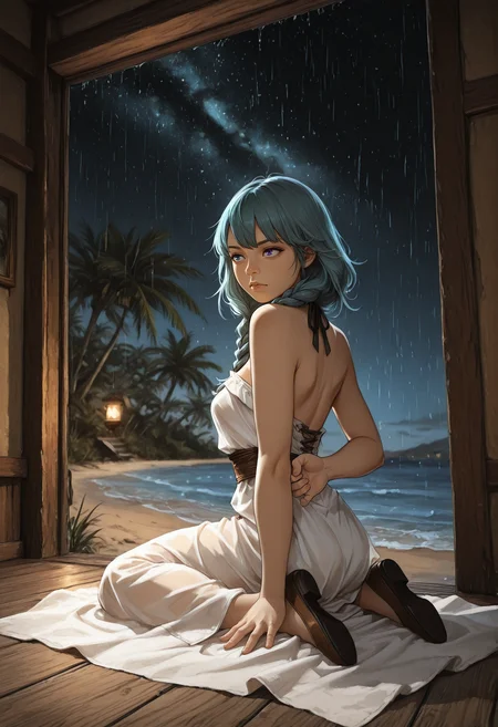 very awa, lineart, watercolor, negative space, [sei shoujo], [yoshiten], style parody, [bang dream!], [arcane: league of legends], [league of legends], (portrait:1.9), (front side back three:1.5), (dynamic angle, depth of field) BREAK woman, solo, <lora:human:0.7> human, european appearance, deep violet hair, long loose braids hair, heterochromia eyes, (beige skin:1.2), thicc body, junky, , medium breasts, perfect hands, colored lips, looking afar, (serious), eyes widening,closed eyes BREAK nerd, wearing antique (detailed pastel teal and grey_yellow hide coat dress), neck ribbon, highlow skirt, flats, BREAK fantasy, outdoors, detailed landscape, desert island, water, palm trees, sitting, wariza , one arm behind back, on ground, blanket, summer, night, cool light, heavy shadows, black sky, rain, starry sky, star_(sky),, cinematic lighting BREAK <lora:Expression_Detailer_Illustrious_Lora:0.7> <lora:Echodove-ILLU:0.6> <lora:DarkerThanDarkIllustriousV1:0.5> <lora:Relatively_Default_V1_Illu_Edition:0.6> RD-Illu, <lora:Stunning_Art_-__Landscape__Background-000009:0.6> st_landscape