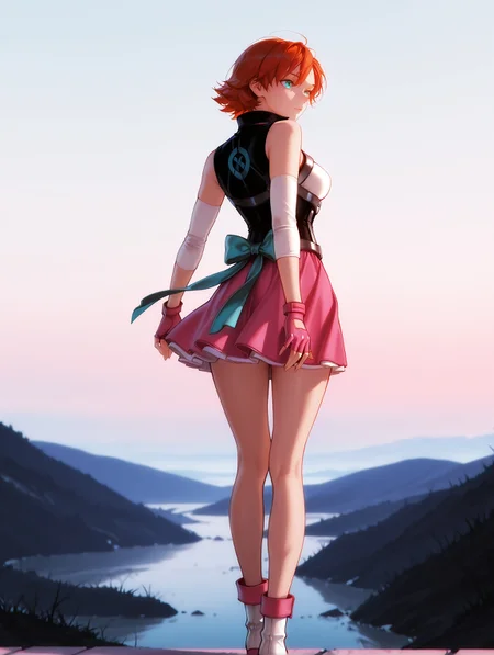 masterpiece, very aesthetic, best quality, solo, anime-art, Art8st, color theory, hyperdetailed, semi-realistic, semi-realism, 20 years old, sexy girl, imtdnoravalkyrie1, 1girl, aqua eyes, short hair, orange hair, gloves, armor, detached sleeves, fingerless gloves, skirt, pink skirt, boots, bow. from behind, looking back, expressionless, pink gloves, medium breast, wide hips, slim waist, outdoor, beautiful landscape, dreamlike landscape, detailed background