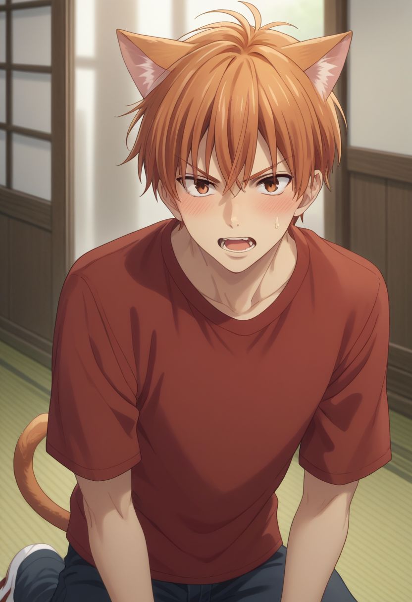score_9, score_8_up, score_7_up, source_anime, highly detailed, 1boy, solo, male_focus, full body,
blush, solo, open mouth, red shirt, brown eyes, orange hair, looking at viewer, sweatdrop, orange hair, teeth, catboy, cat ears, cat tail,