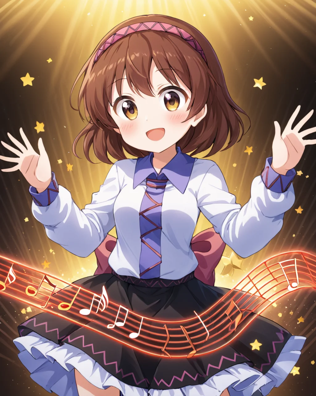 tsukumo yatsuhashi,1girl, open_mouth, solo, smile, hairband, musical_note, skirt, instrument, blush, shirt, long_sleeves
<lora:tsukumo_yatsuhashi_image372_2023-12-20-000025:1>,star-shaped_pupils,symbol-shaped_pupils,. gorgeous,key visual, vibrant, studio anime,award-winning, professional, highly detailed,high budget, cinemascope