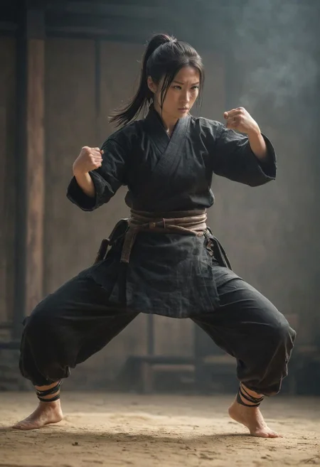 A female feudal Ninja in drunken Style fight stance, knee up, very detailed, atmospheric haze, Film grain, cinematic film still, shallow depth of field, highly detailed, high budget, cinemascope, moody, epic, OverallDetail, gorgeous, 2000s vintage RAW photo, photorealistic, candid camera, color graded cinematic, eye catchlights, atmospheric lighting, skin pores, imperfections, natural, shallow dof