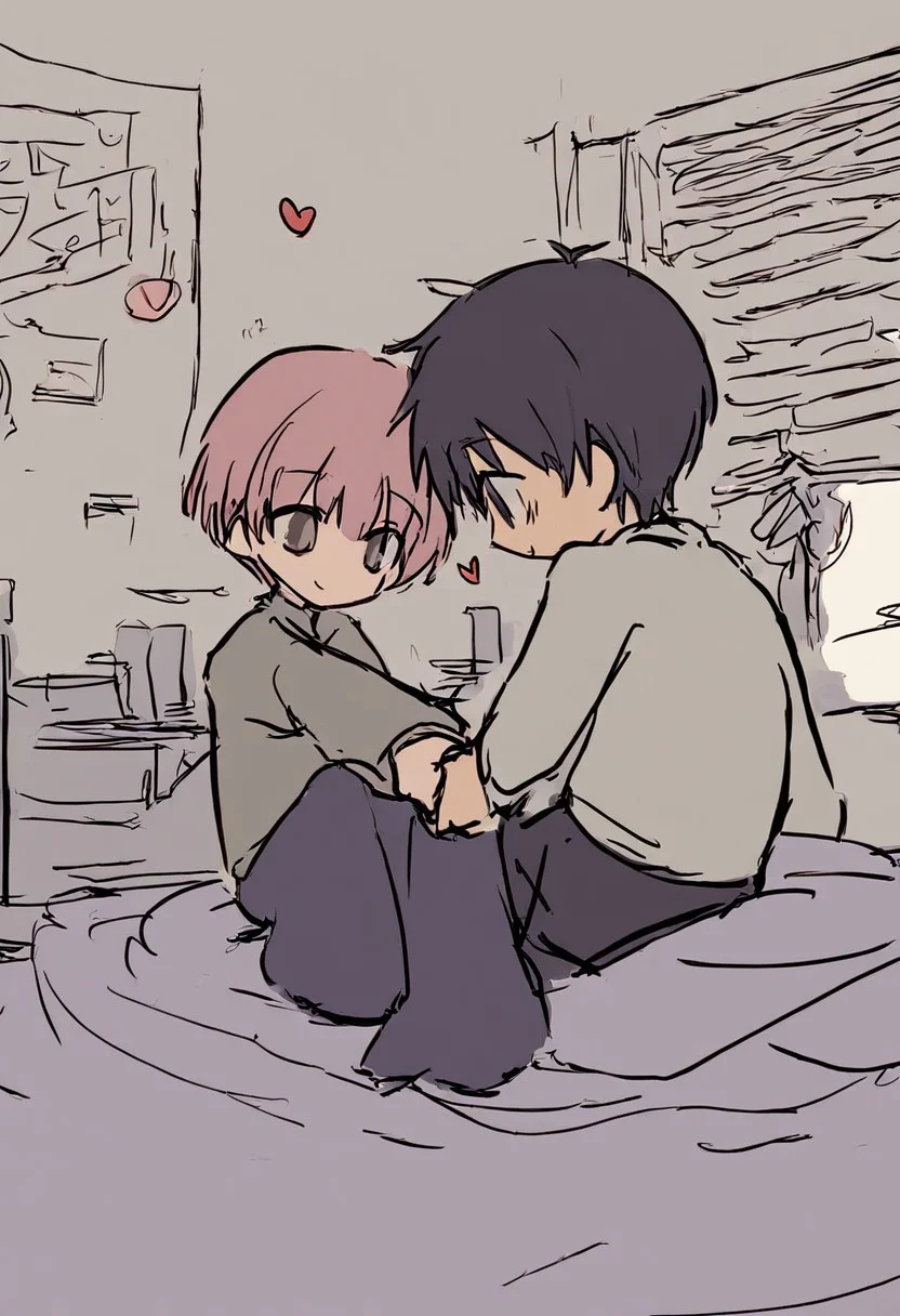 score_4,score_5,score_6,score_7_up,score_8_up,score_9 ((masterpiece,best quality,ultra detailed,highres,HD,4k:1.2)),
chibi,full body,deformed,
1 girl and 1 boy,hetero,girl focus,
bobcut pink hair girl,large breast,
black short hair boy,
Man and woman holding hands, couple, looking at each other, bedroom, sitting on bed, heart symbol, heart effect,
smile,happy,closed mouth,