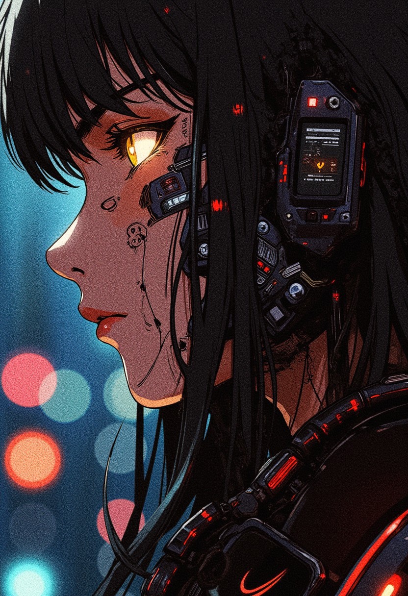 A girl in profile with long black hair, cyberpunk implants in the form of thin lines on her face. A cast shadow is visible across her face. Her eyes glow light yellow, and in the background, blurred lights of a night city can be seen
(casting shadows style)