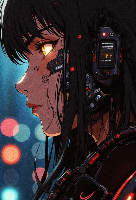 A girl in profile with long black hair, cyberpunk implants in the form of thin lines on her face. A cast shadow is visible across her face. Her eyes glow light yellow, and in the background, blurred lights of a night city can be seen
(casting shadows style)
