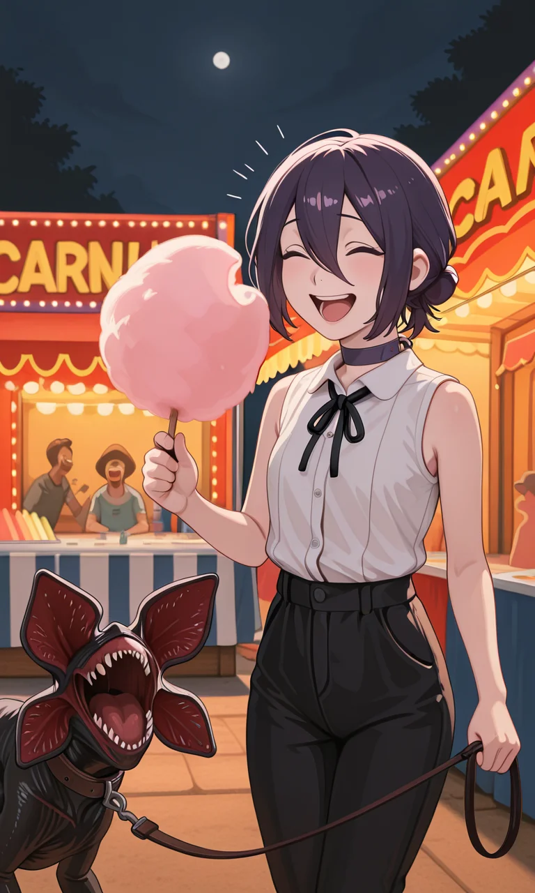 embedding:IllusP0s, g00se, pet collared demogorgon, leash, 1girl, solo, reze, holding cotton candy, laughing, carnival, outdoors, night, black ribbon, button up, white shirt, sleeveless, black pants,<lora:g00se_v2_ill.safetensors:0.8:0.8> <lora:pet collared demogorgon, leash_illustrious.safetensors:1:1>