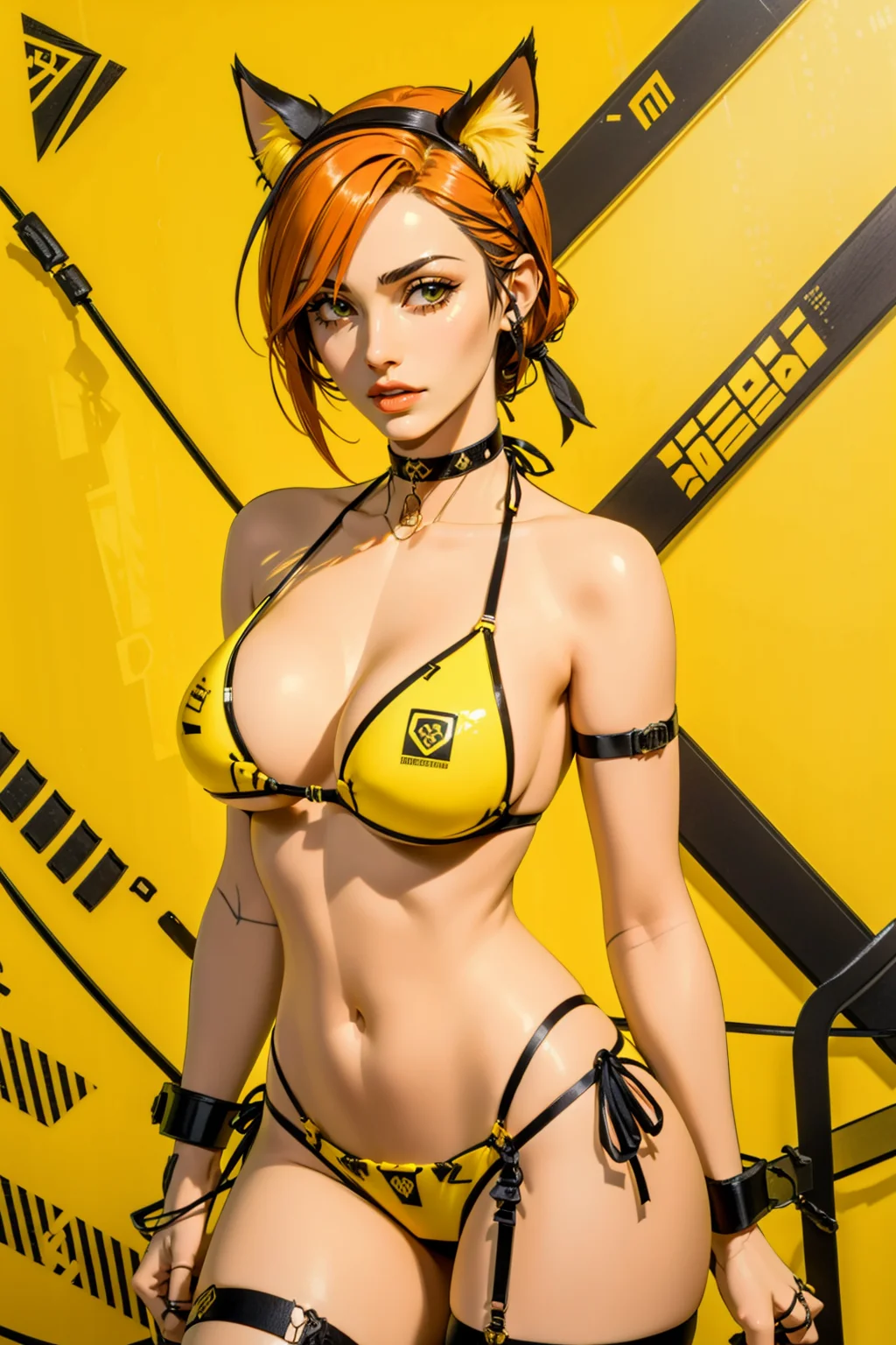 masterpiece, best quality, high quality,  <lora:detail_slider_v4:2> <lora:age_slider_v2:3>  <lora:techk1ttyyellow:0.8> techk1tty, bikini, yellow bikini, yellow theme, plastic, lingerie, tech wear, cat ears, choker, bra, panties, garterbelt, caution tape, thigh strap, red hair,