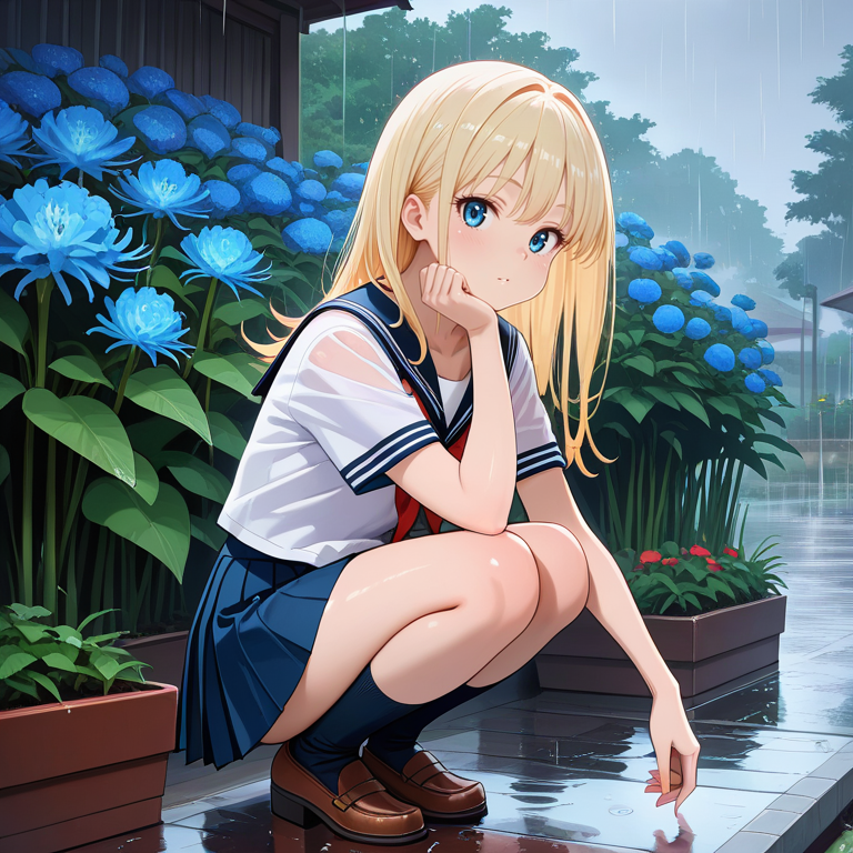 <lora:IL_lycoris_spider_lily:1>,lycoris/(flower/),1girl,solo,squatting,outdoors,blue flower,rain,serafuku,classic style,pleated skirt,garden,looking at viewer,hand on own knee,, masterpiece,amazing quality,best quality,ultra-detailed,8K,illustration,CG,shiny hair,clear skin,ultra-detailed-eyes,ultra-detailed-background,