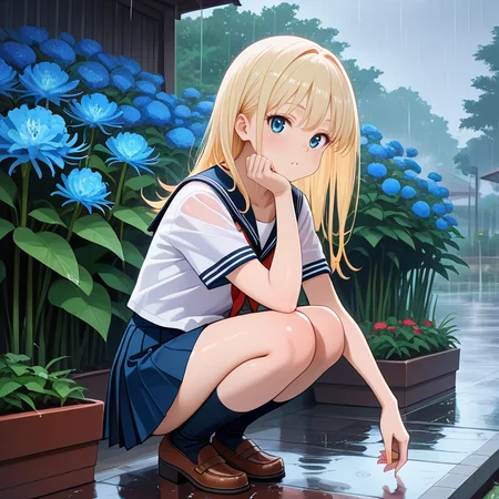 <lora:IL_lycoris_spider_lily:1>,lycoris/(flower/),1girl,solo,squatting,outdoors,blue flower,rain,serafuku,classic style,pleated skirt,garden,looking at viewer,hand on own knee,, masterpiece,amazing quality,best quality,ultra-detailed,8K,illustration,CG,shiny hair,clear skin,ultra-detailed-eyes,ultra-detailed-background,
