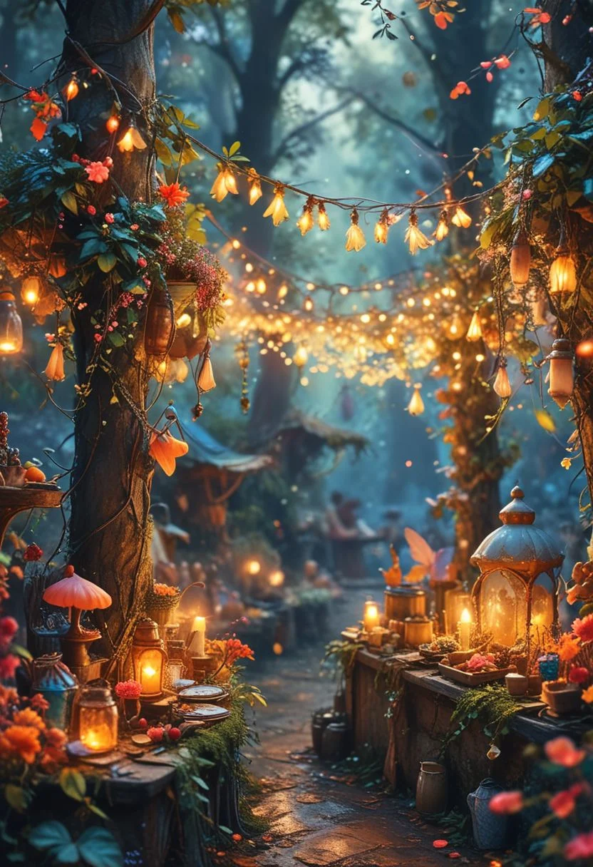 An image of a fairy market, as imagined from our conversation. This market is a whimsical and enchanting place, filled with vibrant colors and magical energy. The stalls are crafted from natural materials like leaves, flowers, and vines, blending seamlessly into the surrounding enchanted forest. The vendors are fairies, each with their unique appearance, selling a variety of magical items, from glowing potions and enchanted jewelry to mystical artifacts and rare ingredients. The air is filled with the soft glow of fairy lights, the tinkling of delicate music, and the flutter of fairy wings. The atmosphere is joyful and lively, with fairies and other mystical creatures mingling and trading in good spirits. The background is a lush, magical forest, with towering trees and a canopy that filters the sunlight into a kaleidoscope of colors, creating a dreamlike and otherworldly ambiance.