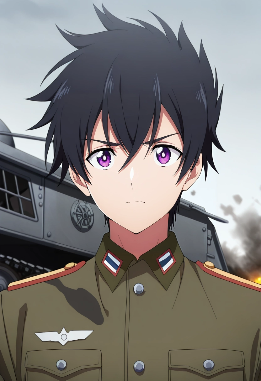 masterpiece, best quality, , anime screencap, anime coloring, ,, 1boy, solo, male focus, <lora:ryuunosuke_minakata_ilxl:0.94>, ryuunosuke_minakata, black hair, purple eyes, short hair, bangs, hair between eyes, world war II battlefield, camouflaged soldiers, explosions in the distance, military vehicles, marching pose, resolute expression, gray skies,